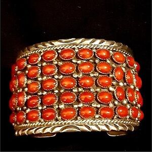 Authentic Navajo Fred Thompson Mediterranean Red Coral Sterling Silver Bracelet